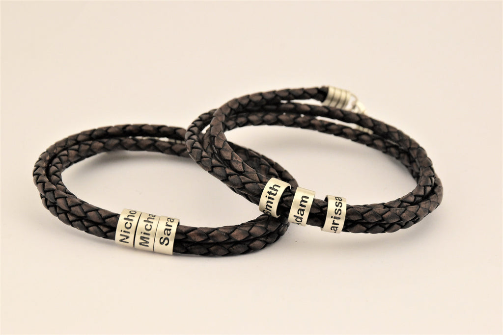 Personalized Mens Bracelet, Handmade Leather Jewelry With Custom Beads, Fathers Day Christmas Anniversary Gifts For Him Girl Dad Son Husband