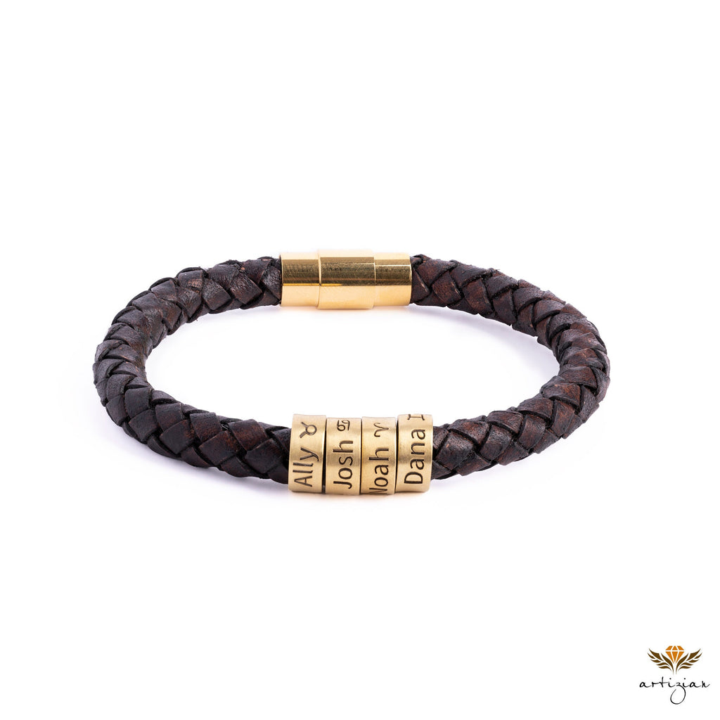 Personalized Mens Bracelet In Custom Size, Handmade Leather Jewelry With Silver Beads, Christmas Fathers Day Gifts For Dad Husband Boyfriend