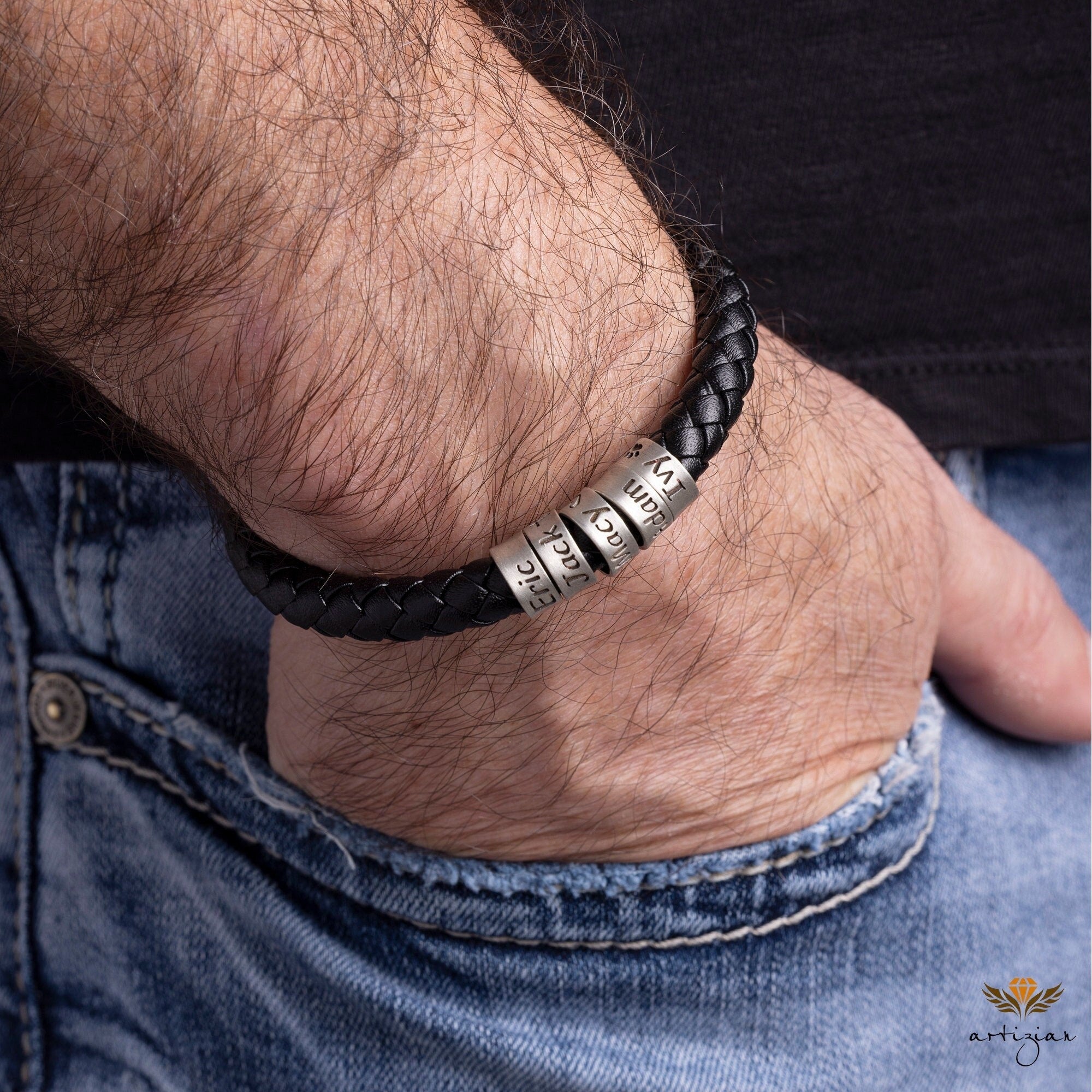 Personalized Mens Bracelet In Custom Size, Handmade Leather Jewelry With Silver Beads, Christmas Fathers Day Gifts For Dad Husband Boyfriend