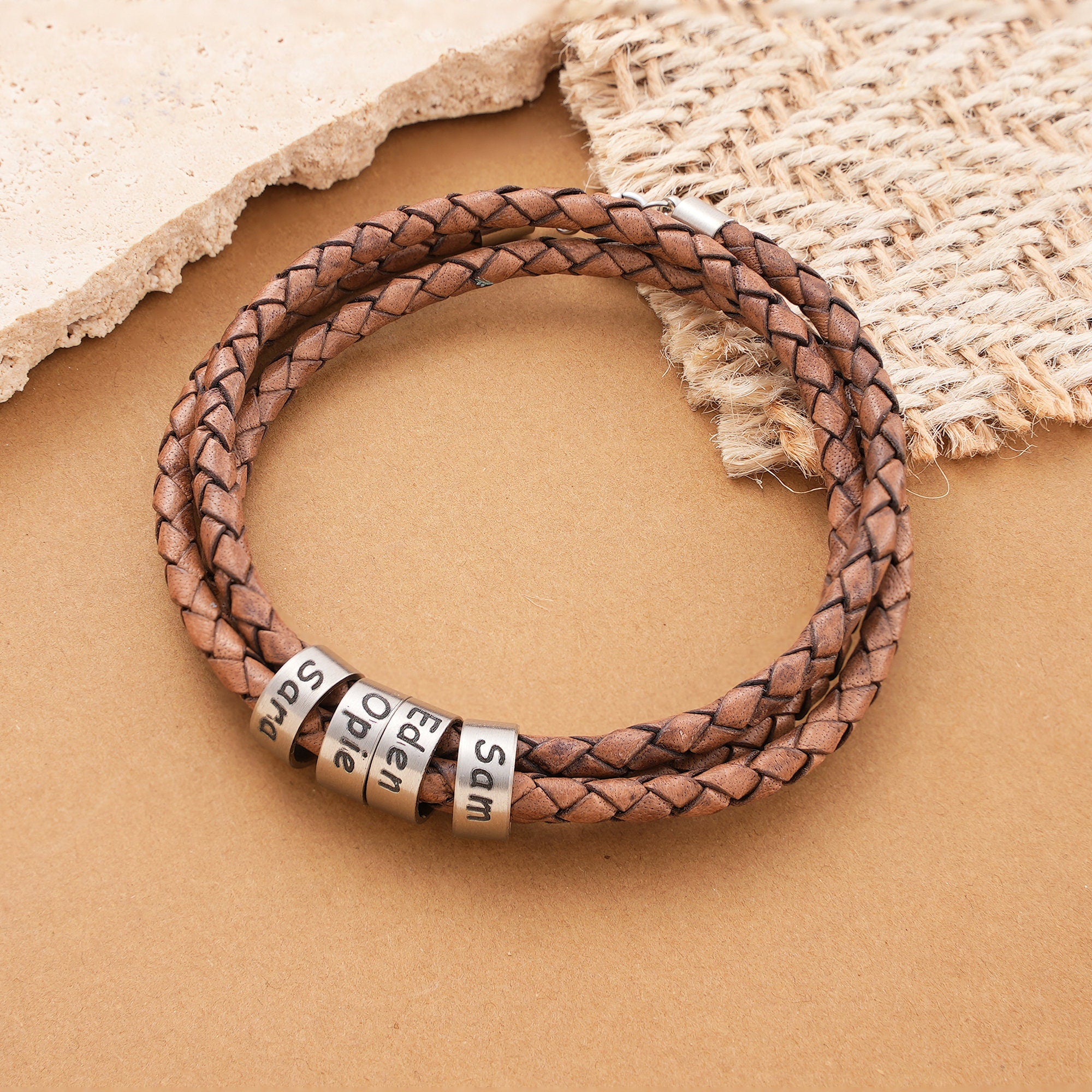 Customized Birthday Gifts, Minimalist  Leather Men's Bracelet With Silver Name Beads,   Gift For Dad, Fathers Day Gift For Him, Family Names
