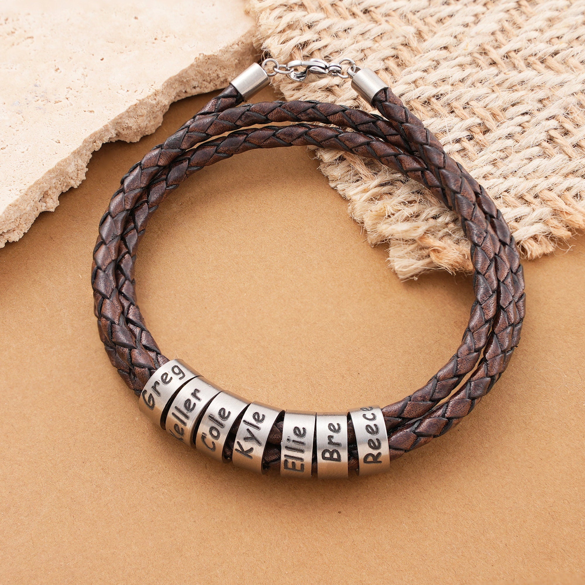 Customized Birthday Gifts, Minimalist  Leather Men's Bracelet With Silver Name Beads,   Gift For Dad, Fathers Day Gift For Him, Family Names