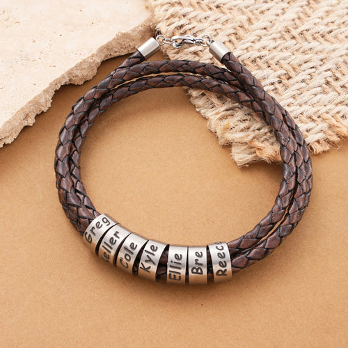 Customized Birthday Gifts, Minimalist  Leather Men's Bracelet With Silver Name Beads,   Gift For Dad, Fathers Day Gift For Him, Family Names
