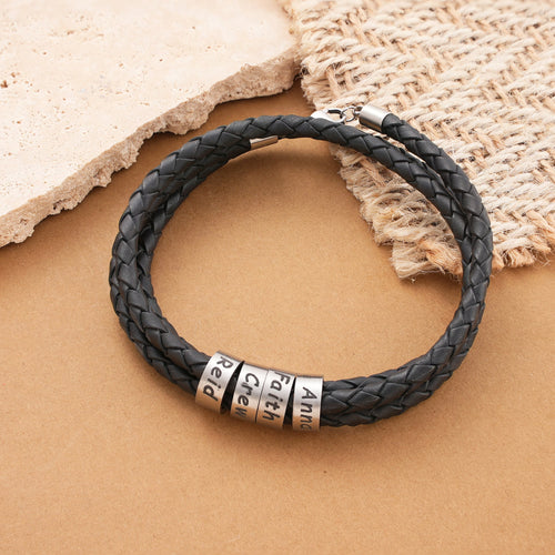 Customized Birthday Gifts, Minimalist  Leather Men's Bracelet With Silver Name Beads,   Gift For Dad, Fathers Day Gift For Him, Family Names