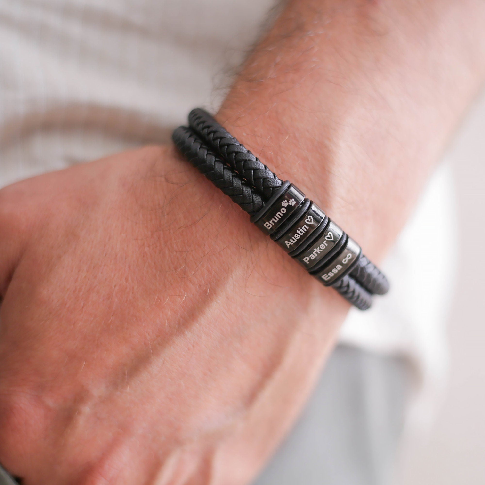Personalized Name Custom Beaded Bracelet, Mens Leather Bracelet For Husband Boyfriend Dad,engraved Bracelet For Him, Christmas Giftfor Him