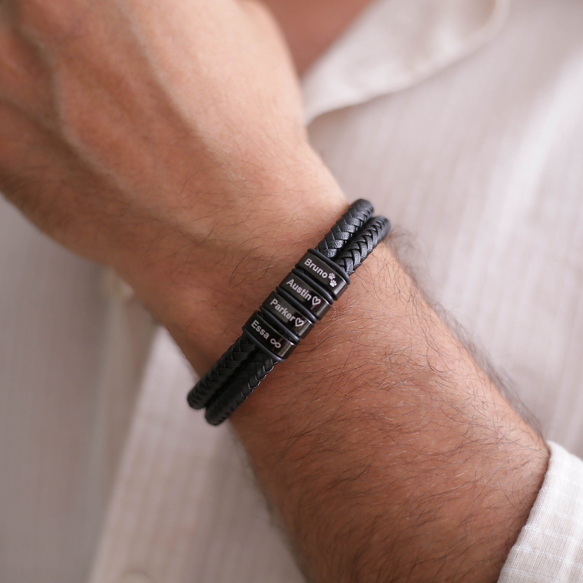 Personalized Name Custom Beaded Bracelet, Mens Leather Bracelet For Husband Boyfriend Dad,engraved Bracelet For Him, Christmas Giftfor Him