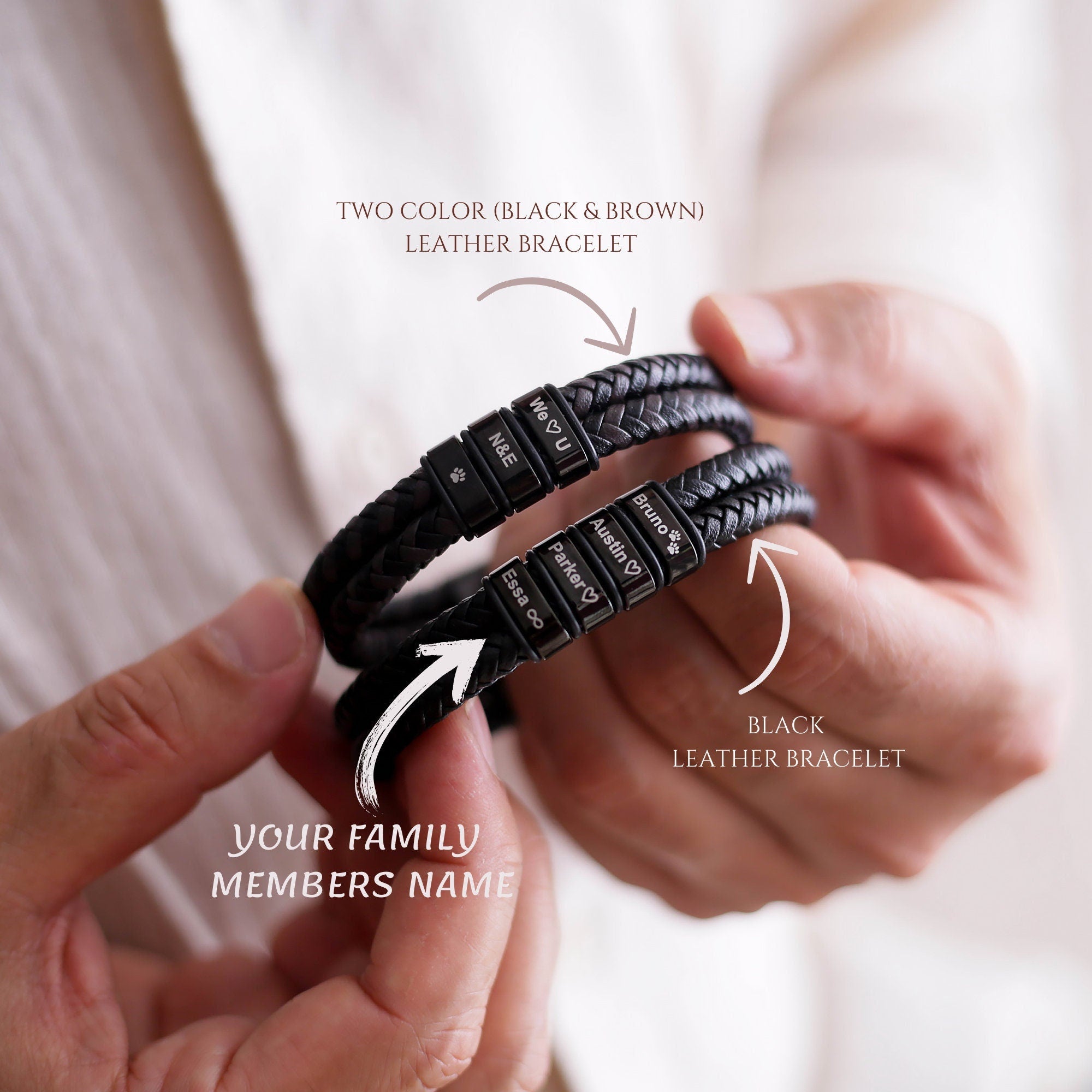 Personalized Name Custom Beaded Bracelet, Mens Leather Bracelet For Husband Boyfriend Dad,engraved Bracelet For Him, Christmas Giftfor Him