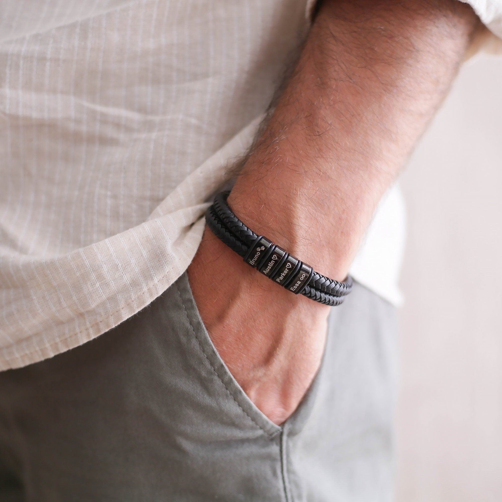 Personalized Name Custom Beaded Bracelet, Mens Leather Bracelet For Husband Boyfriend Dad,engraved Bracelet For Him, Christmas Giftfor Him