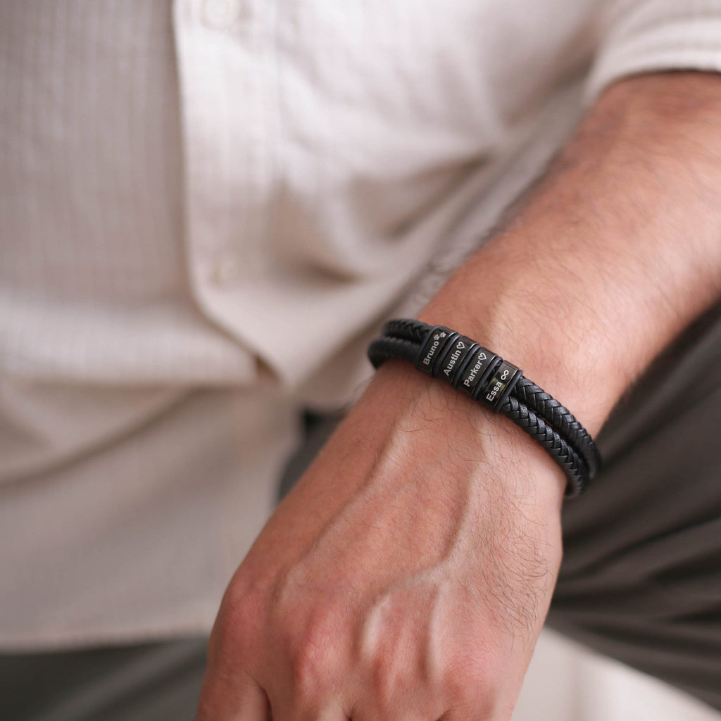 Personalized Name Custom Beaded Bracelet, Mens Leather Bracelet For Husband Boyfriend Dad,engraved Bracelet For Him, Christmas Giftfor Him