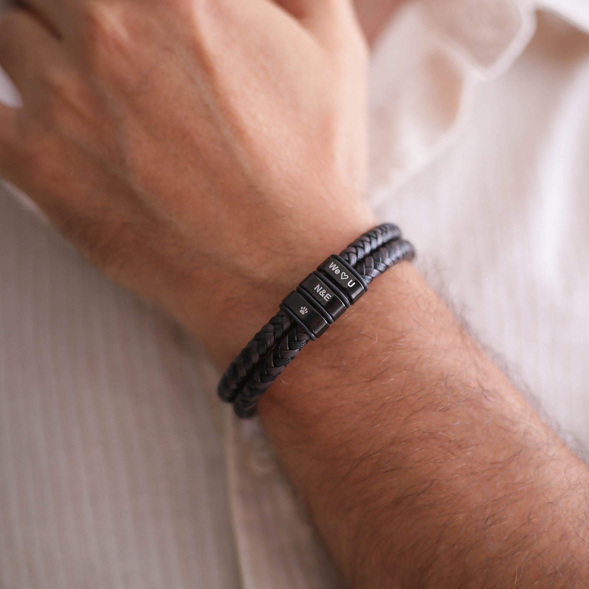 Personalized Name Custom Beaded Bracelet, Mens Leather Bracelet For Husband Boyfriend Dad,engraved Bracelet For Him, Christmas Giftfor Him