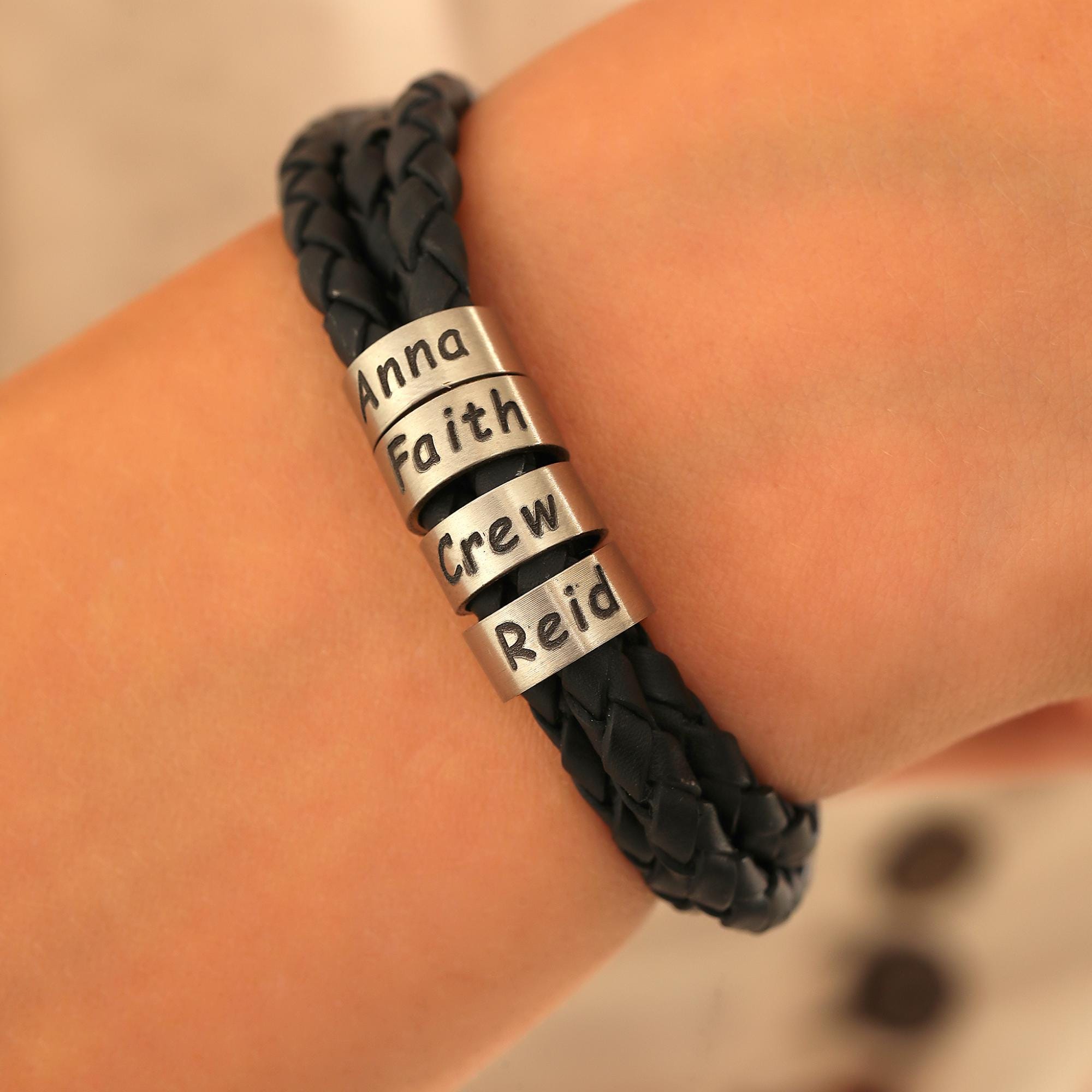 Customized Birthday Gifts, Minimalist  Leather Men's Bracelet With Silver Name Beads,   Gift For Dad, Fathers Day Gift For Him, Family Names