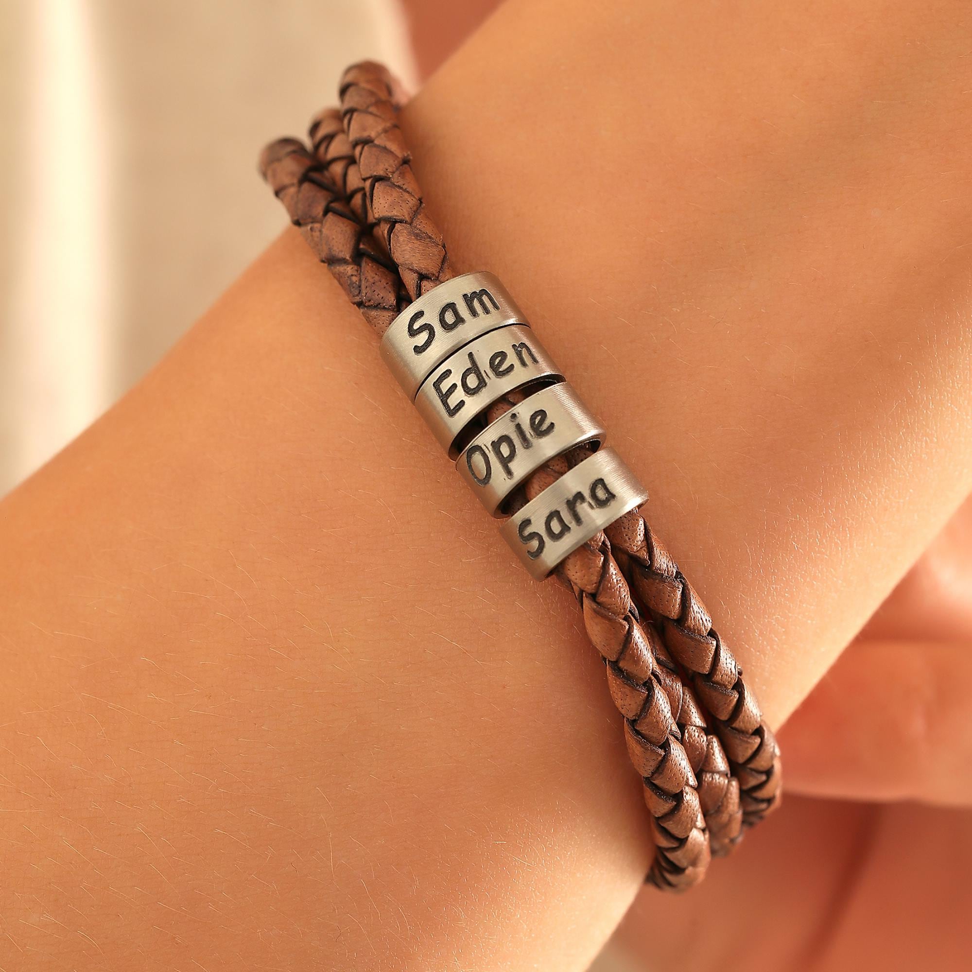 Customized Birthday Gifts, Minimalist  Leather Men's Bracelet With Silver Name Beads,   Gift For Dad, Fathers Day Gift For Him, Family Names