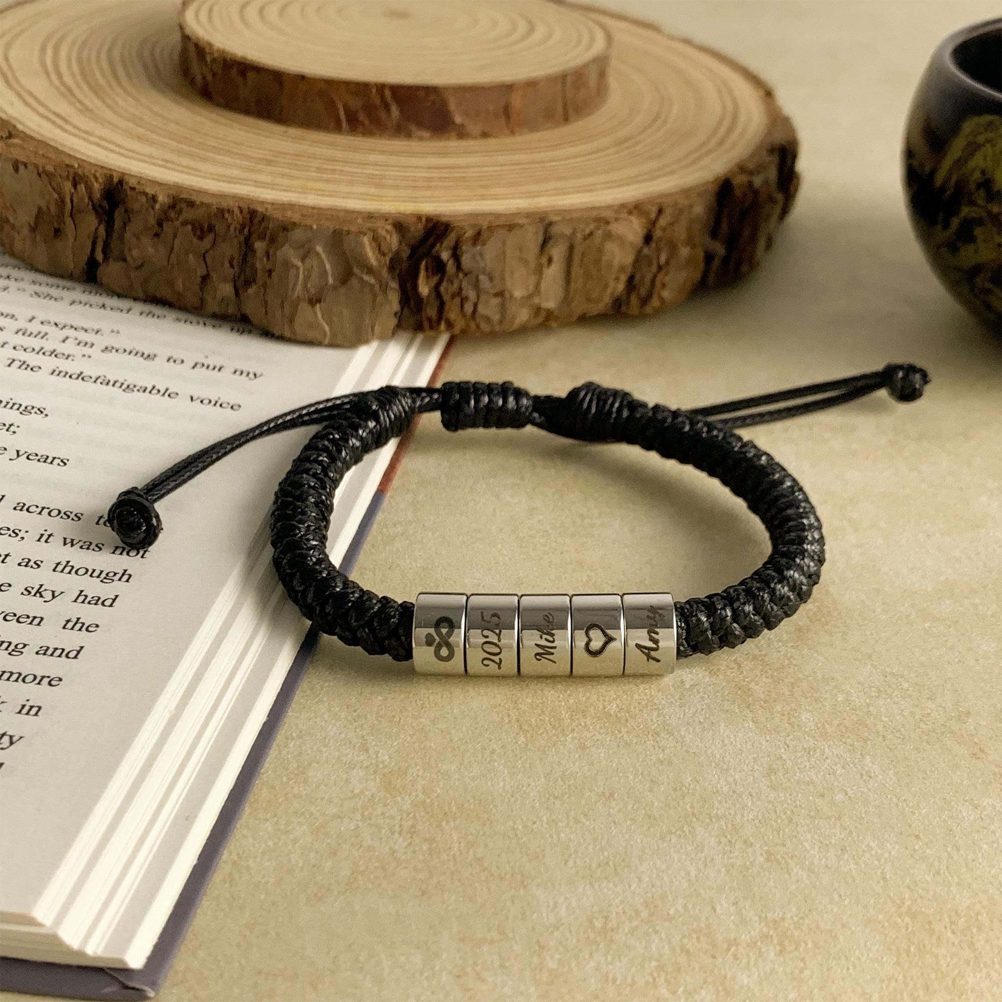 Personalized Mens Woven Leather Bracelet, Adjustable Bracelet, Custom Name Beaded Bracelet, Handmade Jewelry For Him Kid Boyfriend Husband