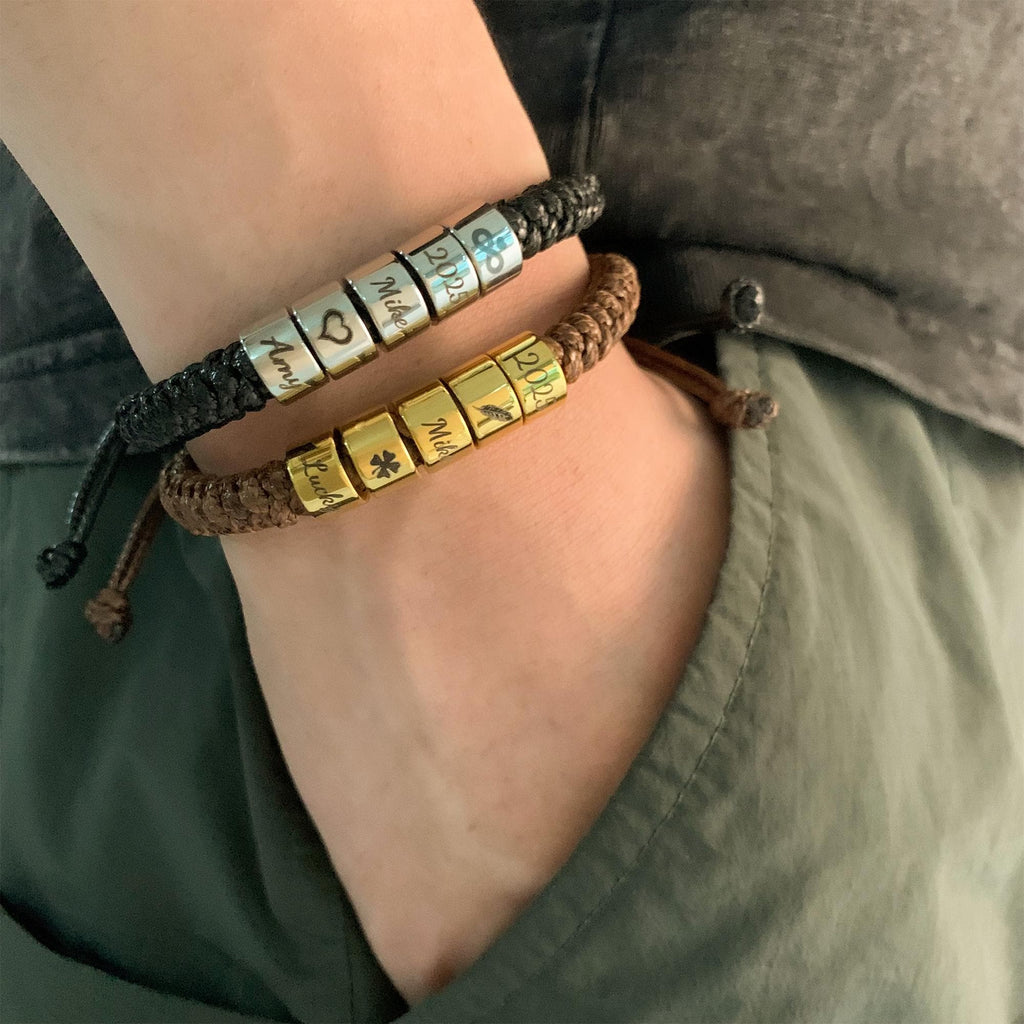 Personalized Mens Woven Leather Bracelet, Adjustable Bracelet, Custom Name Beaded Bracelet, Handmade Jewelry For Him Kid Boyfriend Husband