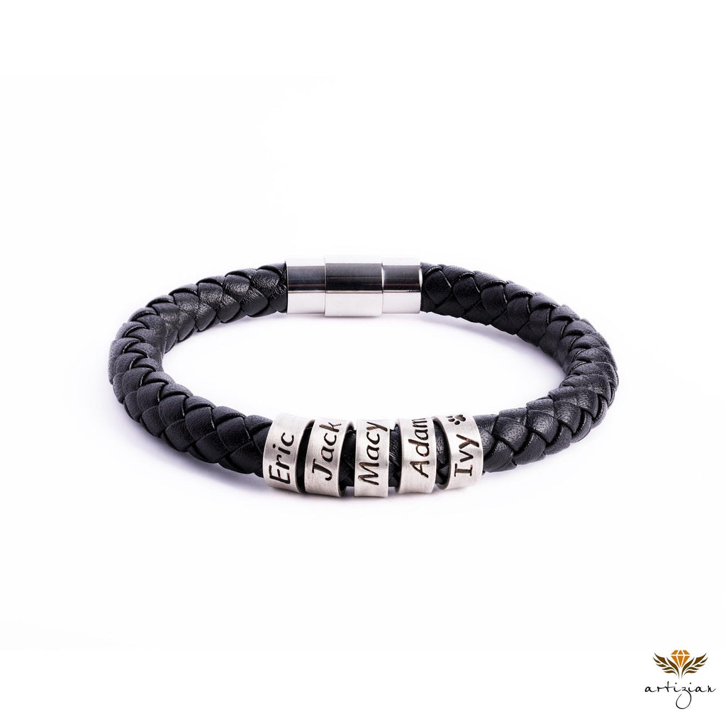 Personalized Mens Bracelet In Custom Size, Handmade Leather Jewelry With Silver Beads, Christmas Fathers Day Gifts For Dad Husband Boyfriend