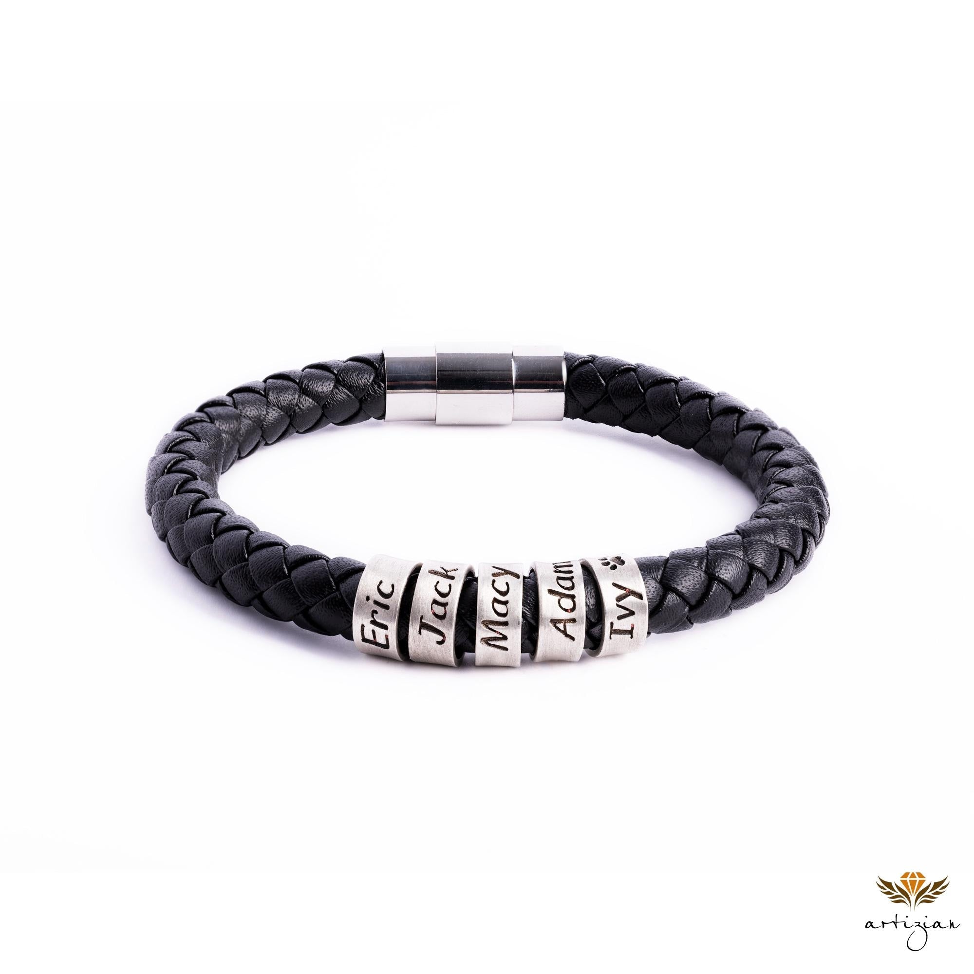 Personalized Mens Bracelet In Custom Size, Handmade Leather Jewelry With Silver Beads, Christmas Fathers Day Gifts For Dad Husband Boyfriend