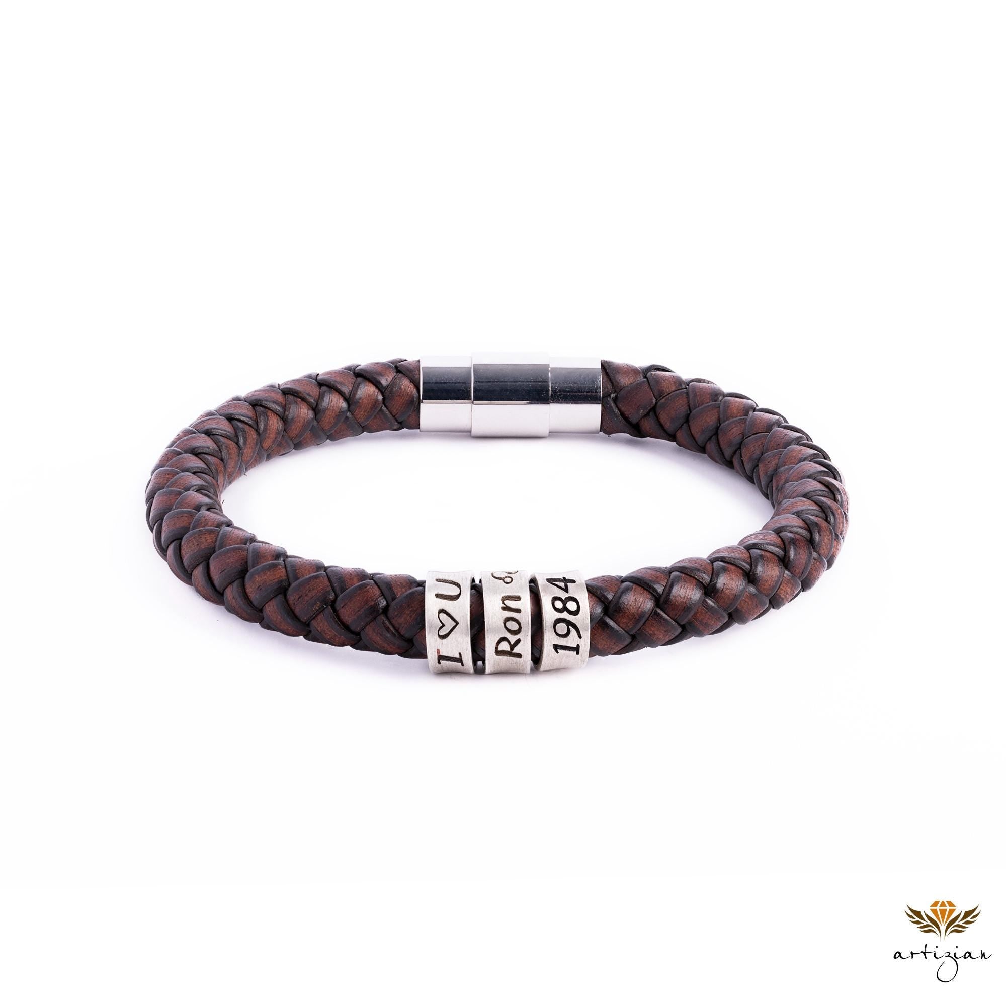 Personalized Mens Bracelet In Custom Size, Handmade Leather Jewelry With Silver Beads, Christmas Fathers Day Gifts For Dad Husband Boyfriend