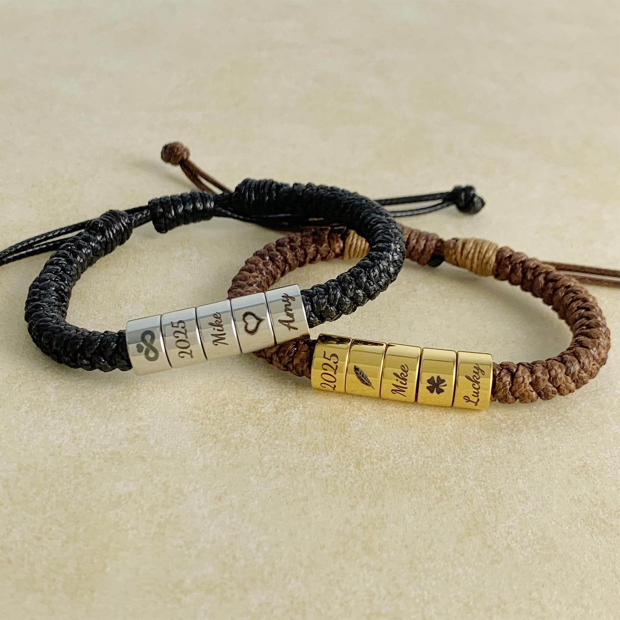 Personalized Mens Woven Leather Bracelet, Adjustable Bracelet, Custom Name Beaded Bracelet, Handmade Jewelry For Him Kid Boyfriend Husband