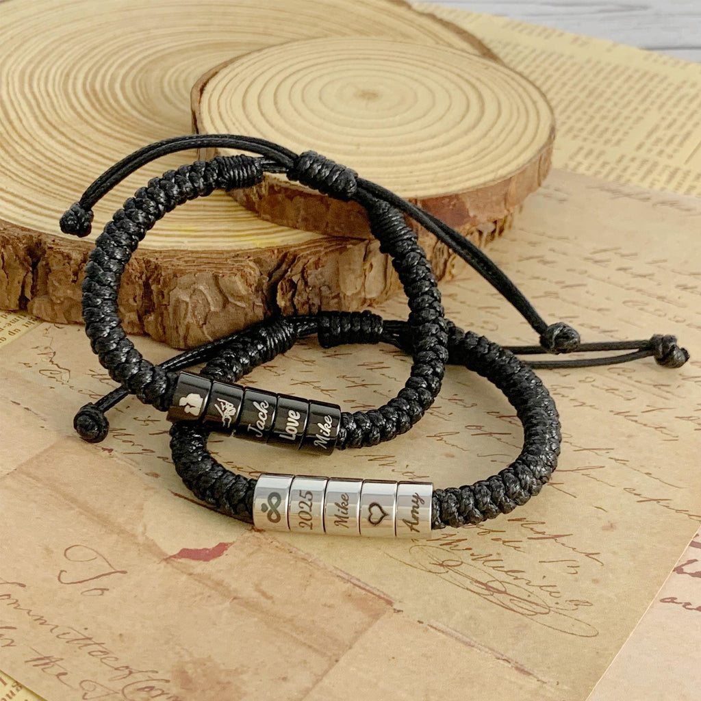 Personalized Mens Woven Leather Bracelet, Adjustable Bracelet, Custom Name Beaded Bracelet, Handmade Jewelry For Him Kid Boyfriend Husband