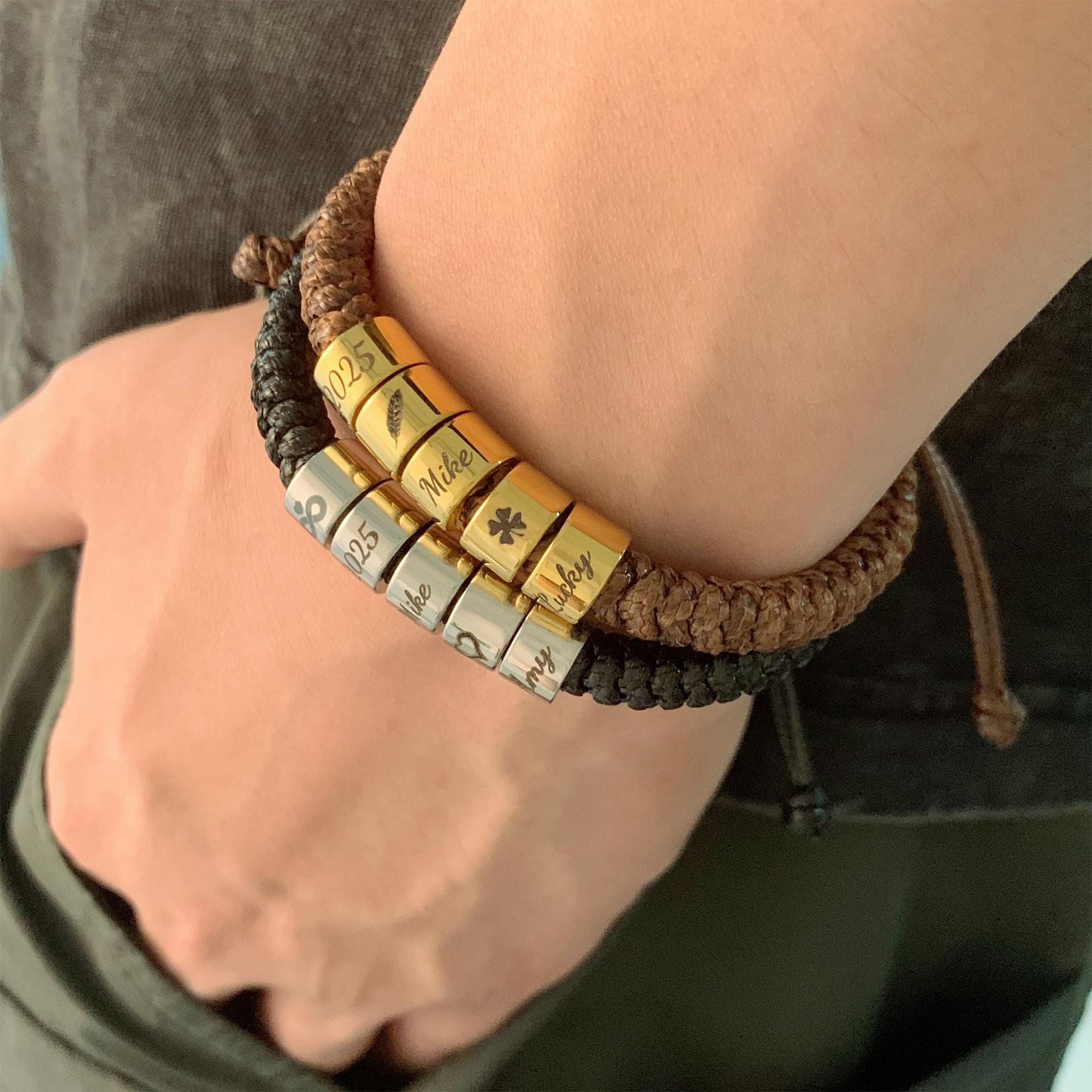 Personalized Mens Woven Leather Bracelet, Adjustable Bracelet, Custom Name Beaded Bracelet, Handmade Jewelry For Him Kid Boyfriend Husband