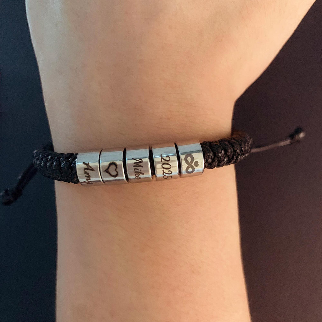 Personalized Mens Woven Leather Bracelet, Adjustable Bracelet, Custom Name Beaded Bracelet, Handmade Jewelry For Him Kid Boyfriend Husband