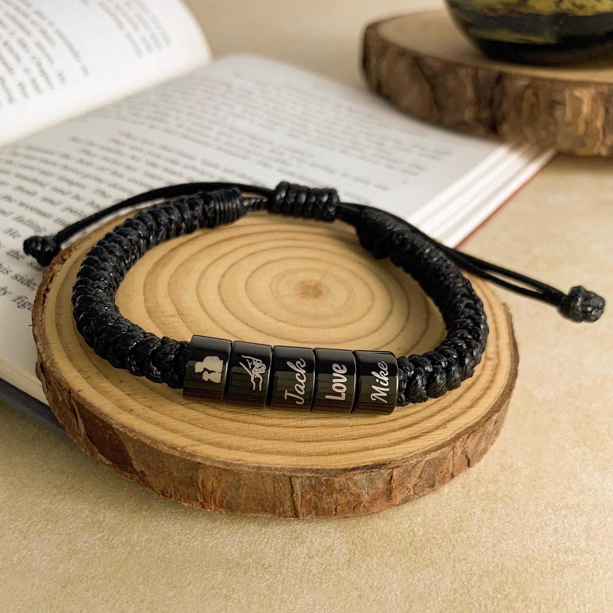 Personalized Mens Woven Leather Bracelet, Adjustable Bracelet, Custom Name Beaded Bracelet, Handmade Jewelry For Him Kid Boyfriend Husband