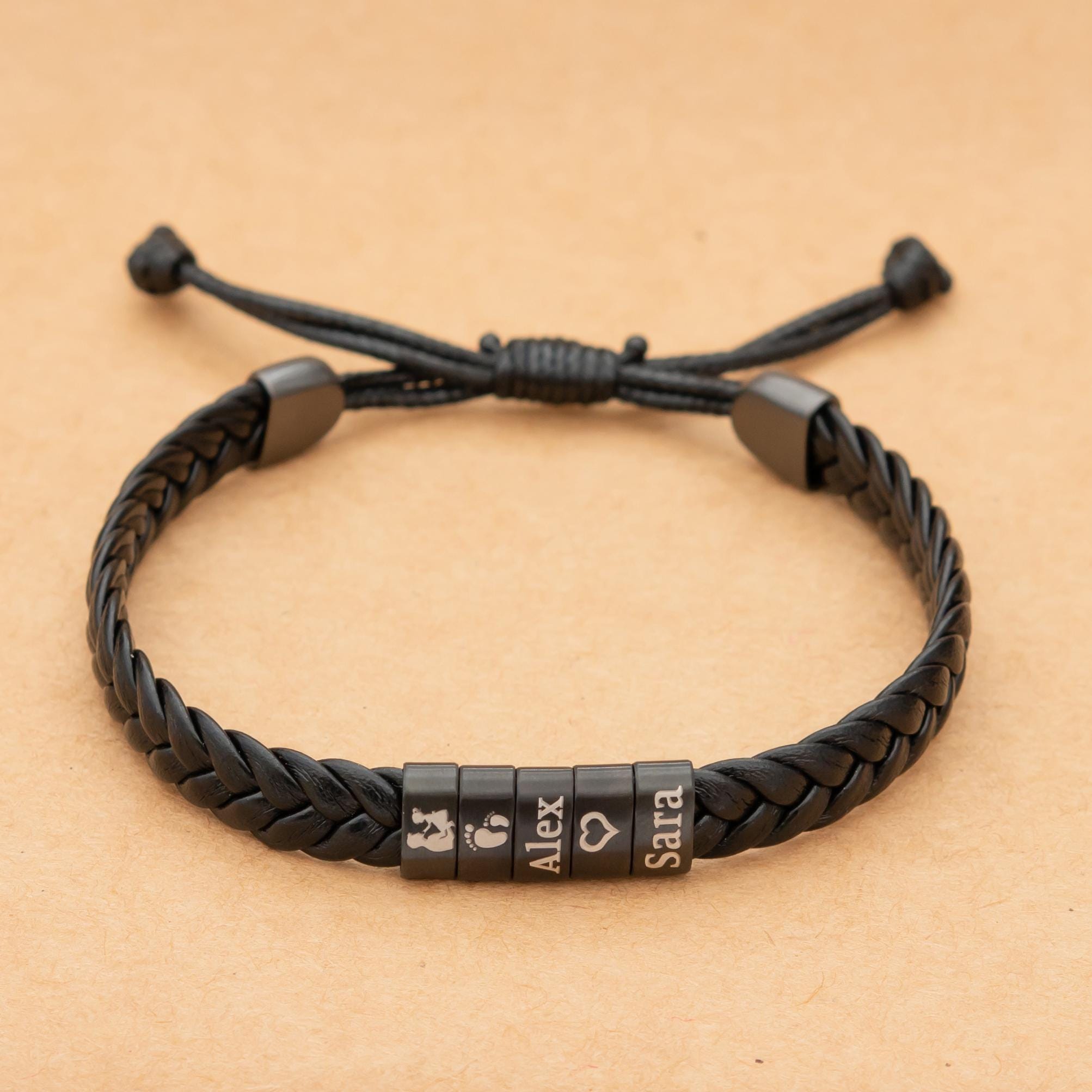 Personalized Adjustable Leather Bracelet , Handmade Children's/kids Names Beads ,customized Men's Silver Jewelry