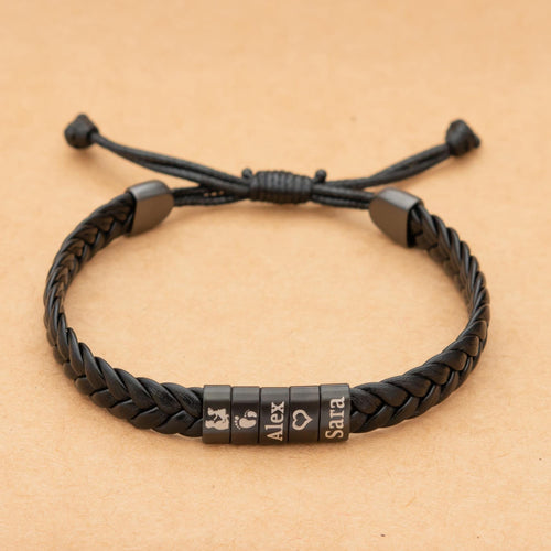 Personalized Adjustable Leather Bracelet , Handmade Children's/kids Names Beads ,customized Men's Silver Jewelry
