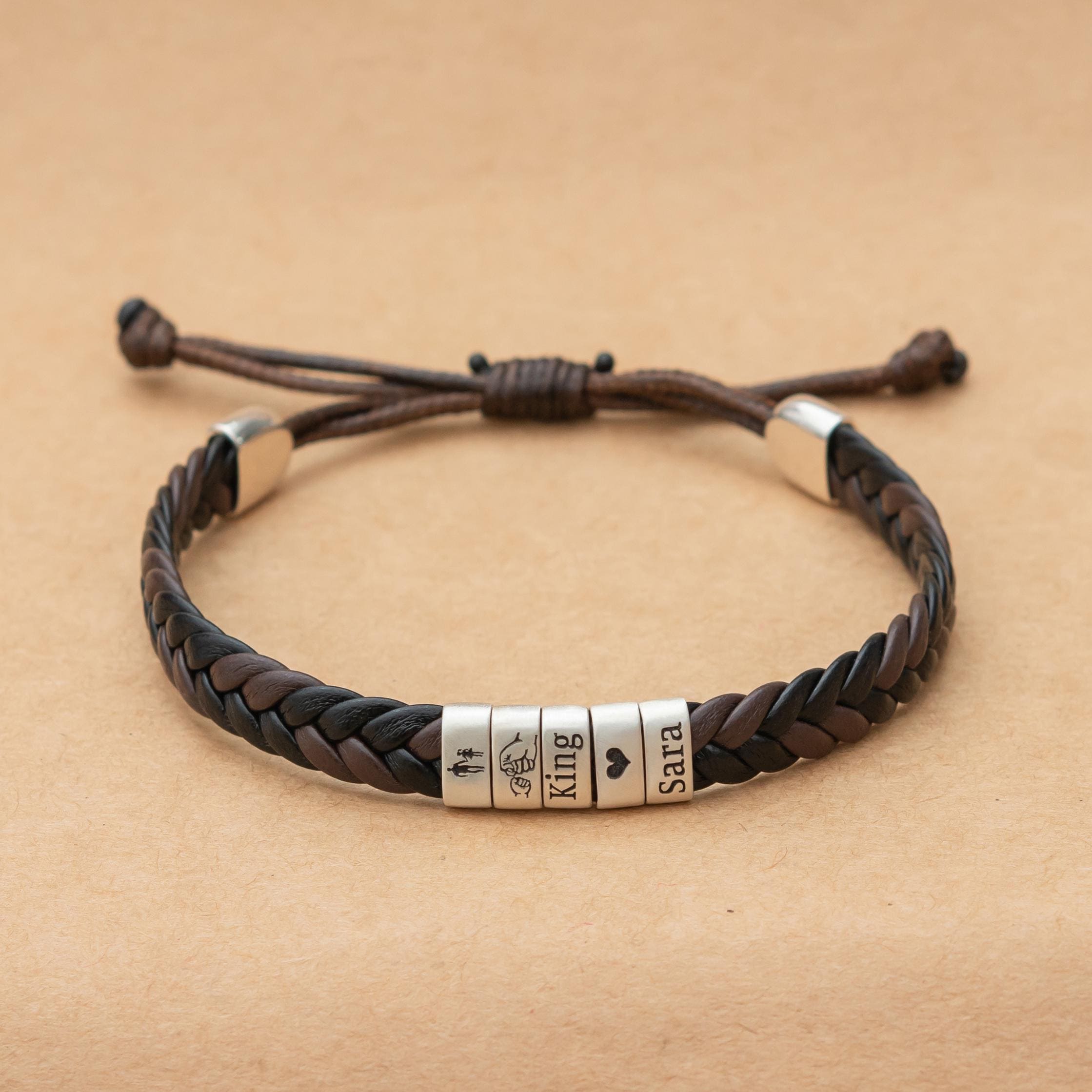 Personalized Adjustable Leather Bracelet , Handmade Children's/kids Names Beads ,customized Men's Silver Jewelry