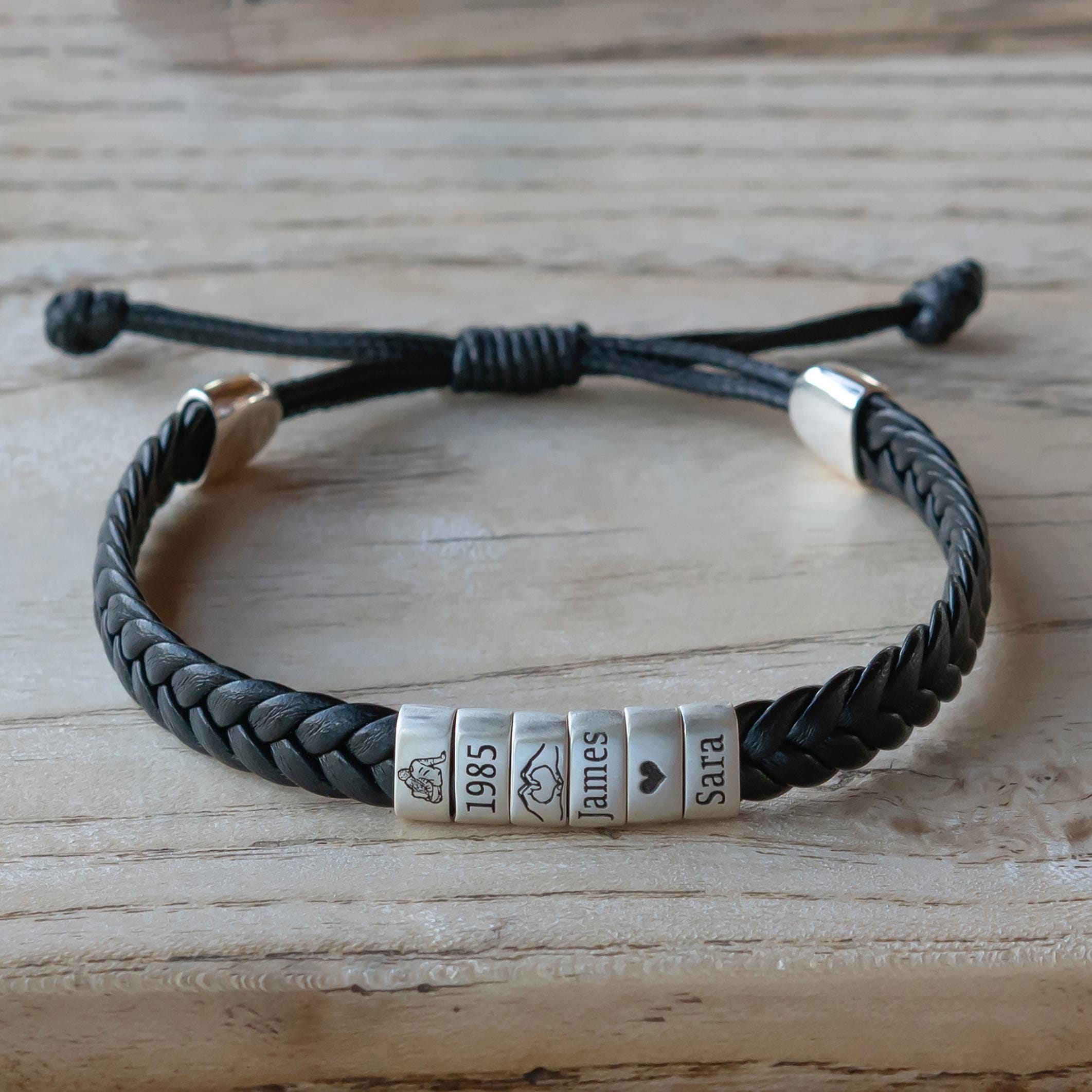Personalized Mens Leather Bracelet, Adjustable Couple Bracelet, Engraved Kid Name Bead Bracelet, Custom Gift For Him, Dad, Boyfriend Husband