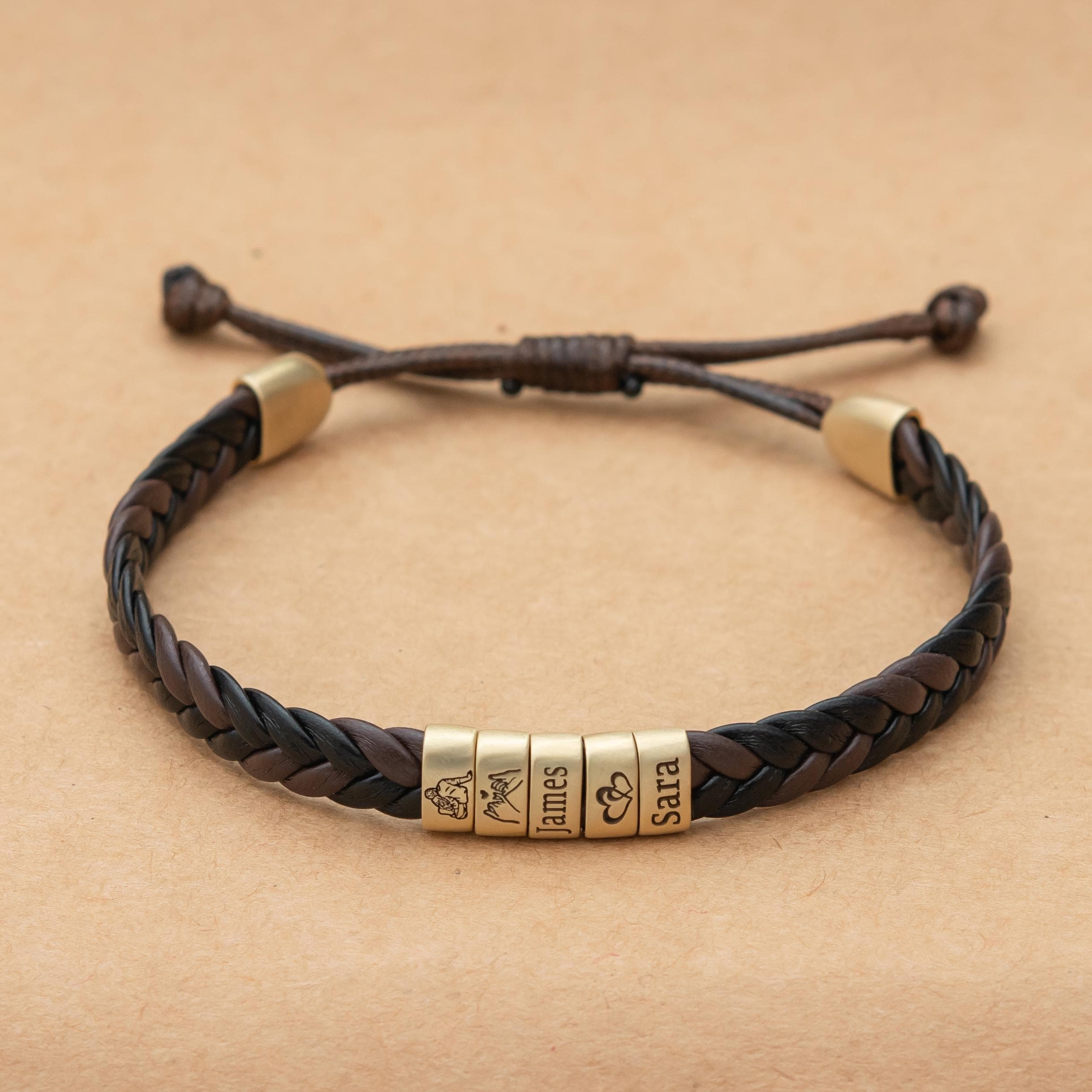 Personalized Adjustable Leather Bracelet , Handmade Children's/kids Names Beads ,customized Men's Silver Jewelry