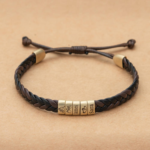 Personalized Adjustable Leather Bracelet , Handmade Children's/kids Names Beads ,customized Men's Silver Jewelry