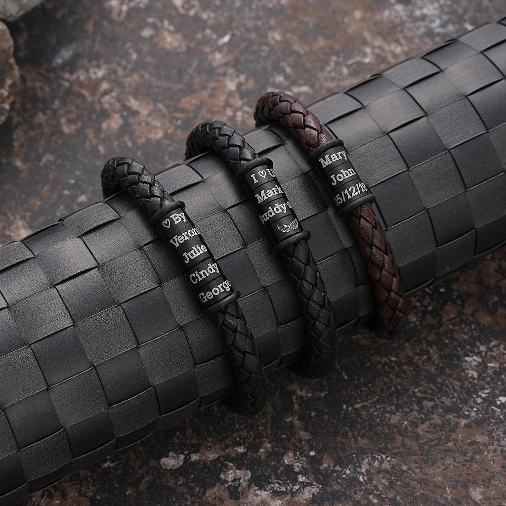 Personalized Mens Bracelet In Custom Size, Handmade Leather Jewelry With Silver Beads, Christmas Fathers Day Gifts For Dad Husband Boyfriend