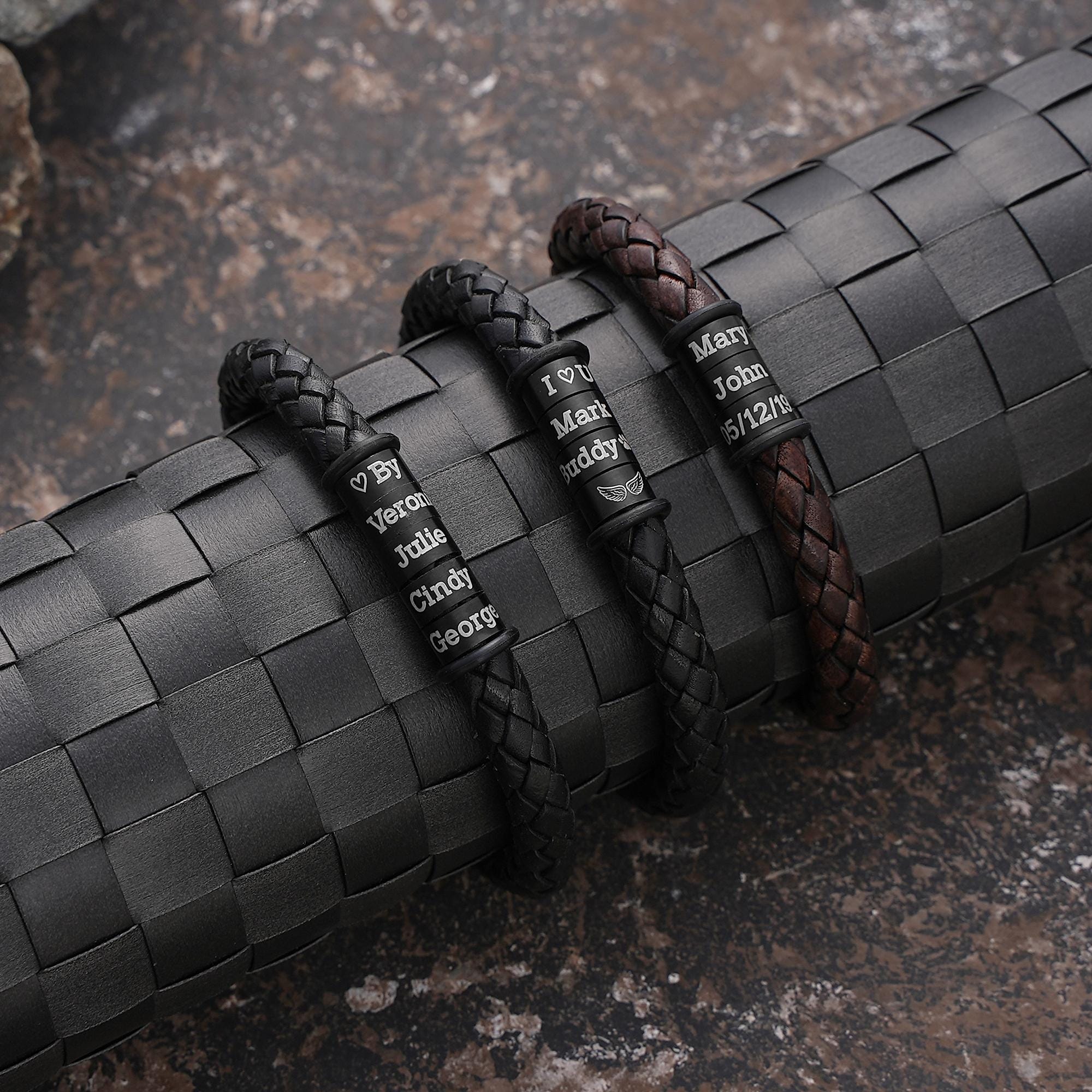 Personalized Mens Bracelet In Custom Size, Handmade Leather Jewelry With Silver Beads, Christmas Fathers Day Gifts For Dad Husband Boyfriend