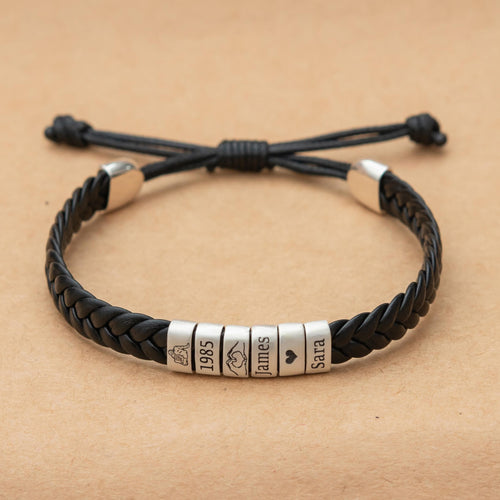 Personalized Leather Bracelet, Custom Sterling Silver Name Beads, Adjustable