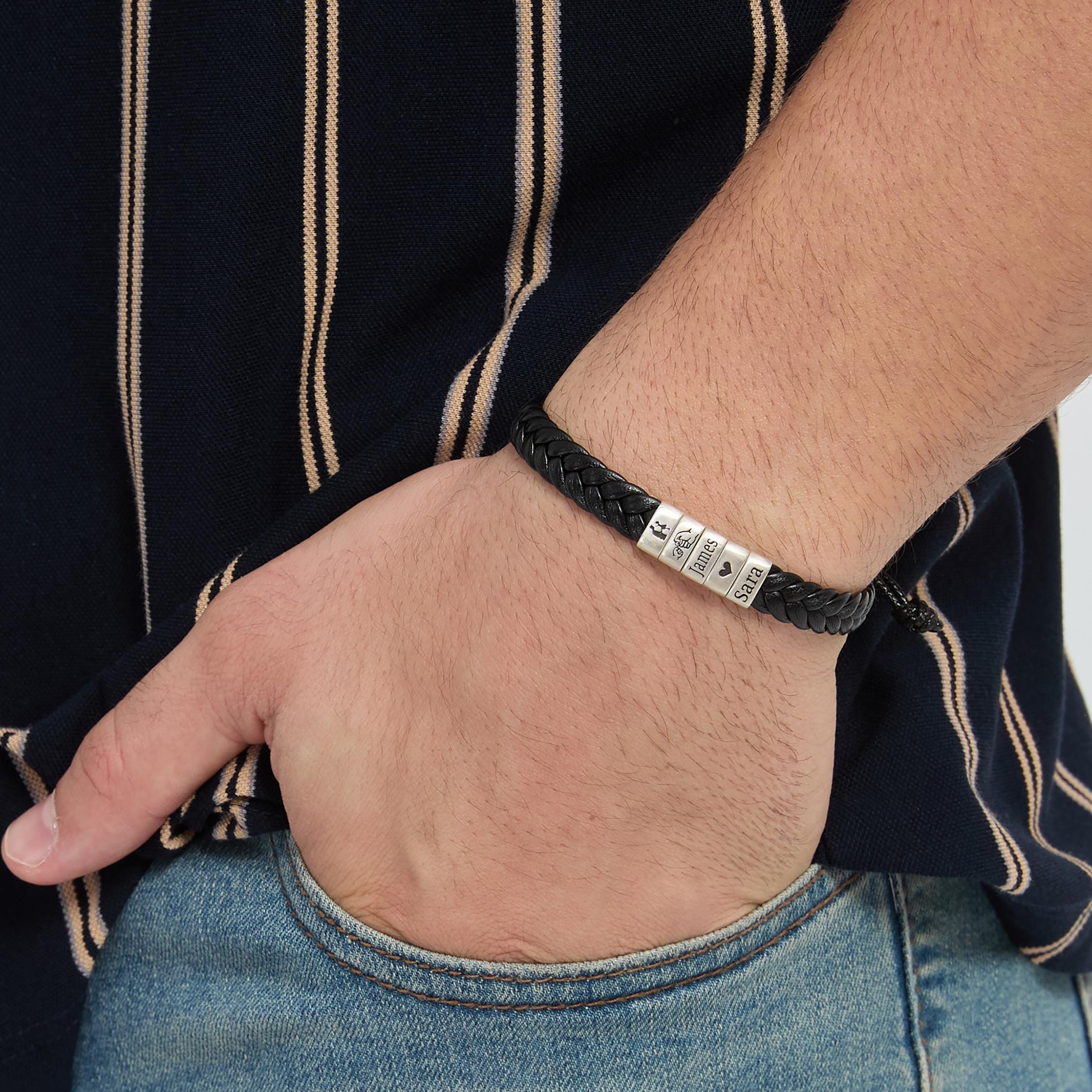 Personalized Leather Braided Bracelet, Sterling Silver Name Beads, Adjustable