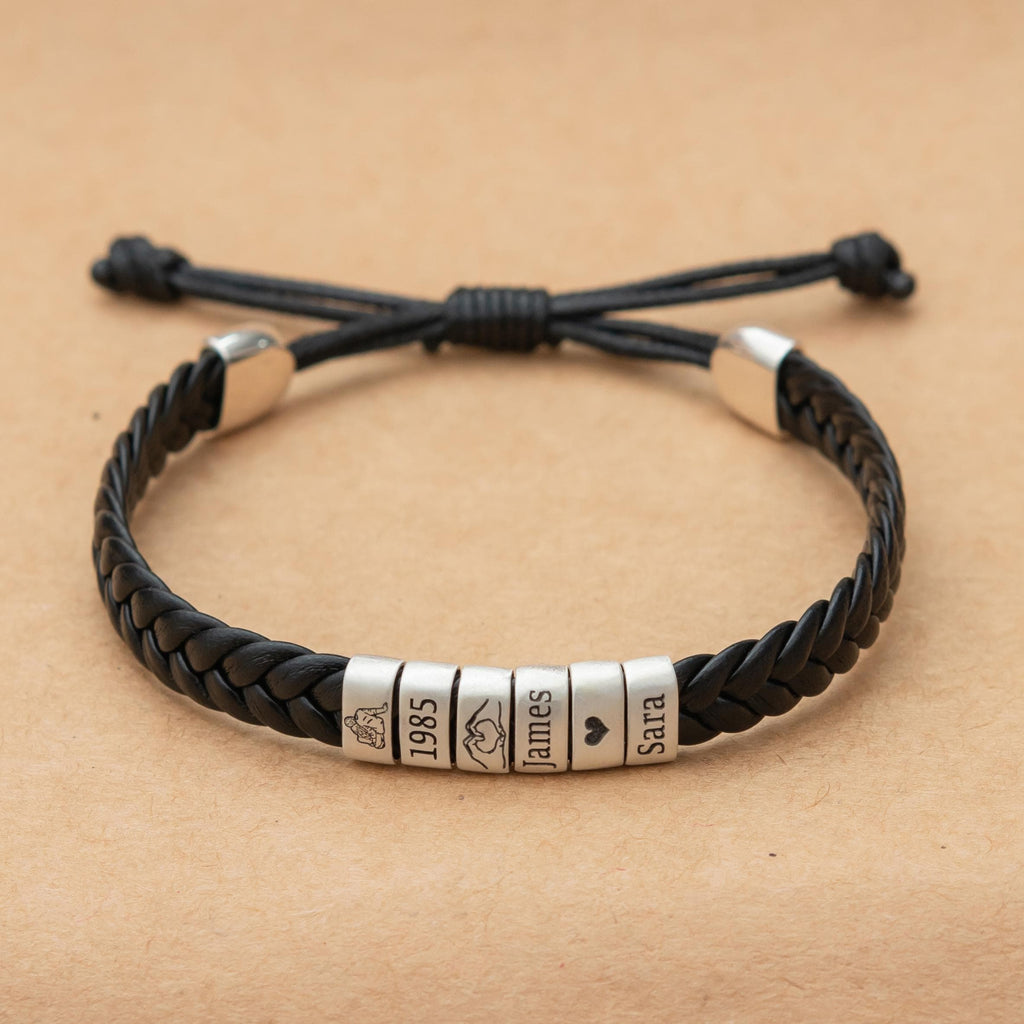 Personalized Mens Leather Adjustable  Bracelet, Custom Kid Name Silver Beads Jewelry, Couple Bracelet, Father's Day Gift For Son Dad Husband