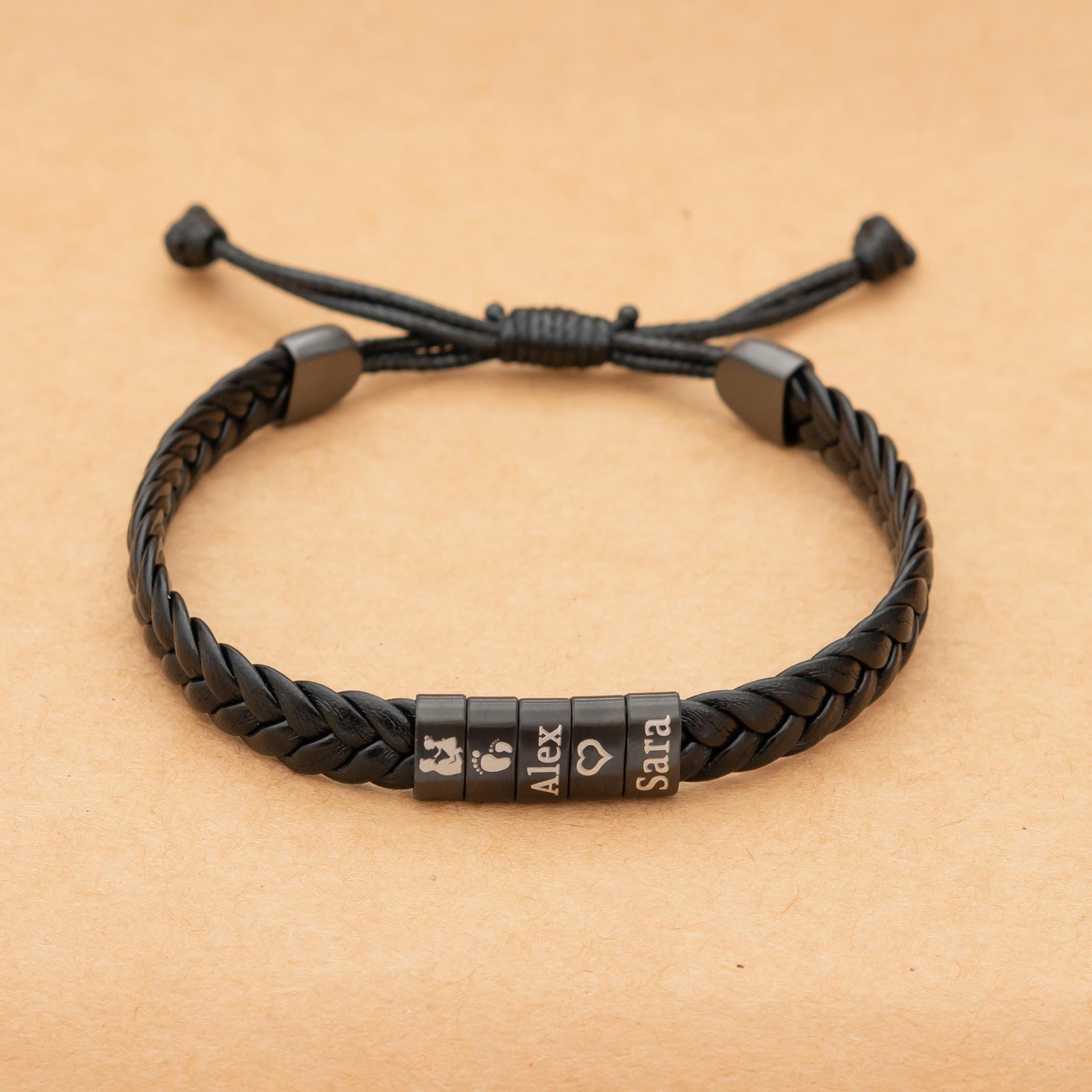 Personalized Leather Braided Bracelet, Sterling Silver Name Beads, Adjustable