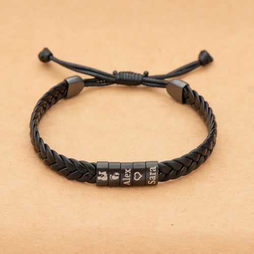 Personalized Leather Braided Bracelet, Sterling Silver Name Beads, Adjustable