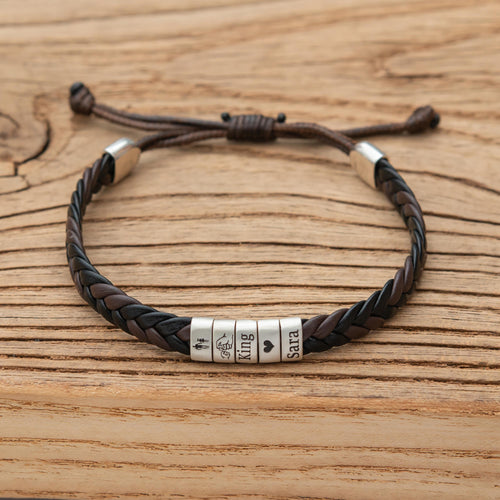 Personalized Leather Braided Bracelet, Sterling Silver Name Beads, Adjustable