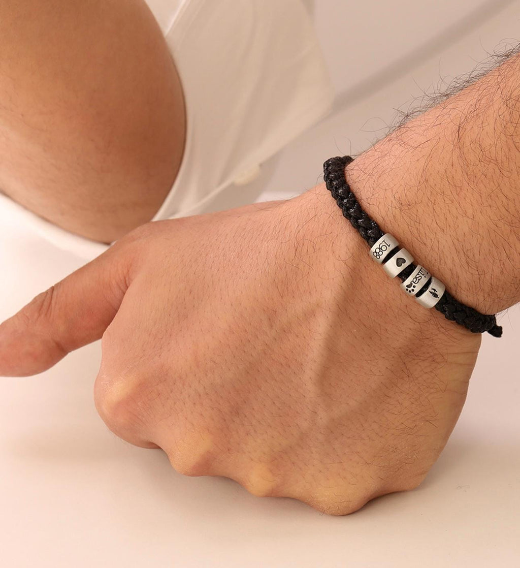 Personalized Mens Woven Leather Bracelet, Custom Couple Bracelet, Adjustable Bracelet, Christmas Father's Day Gift For Dad Boyfriend Husband