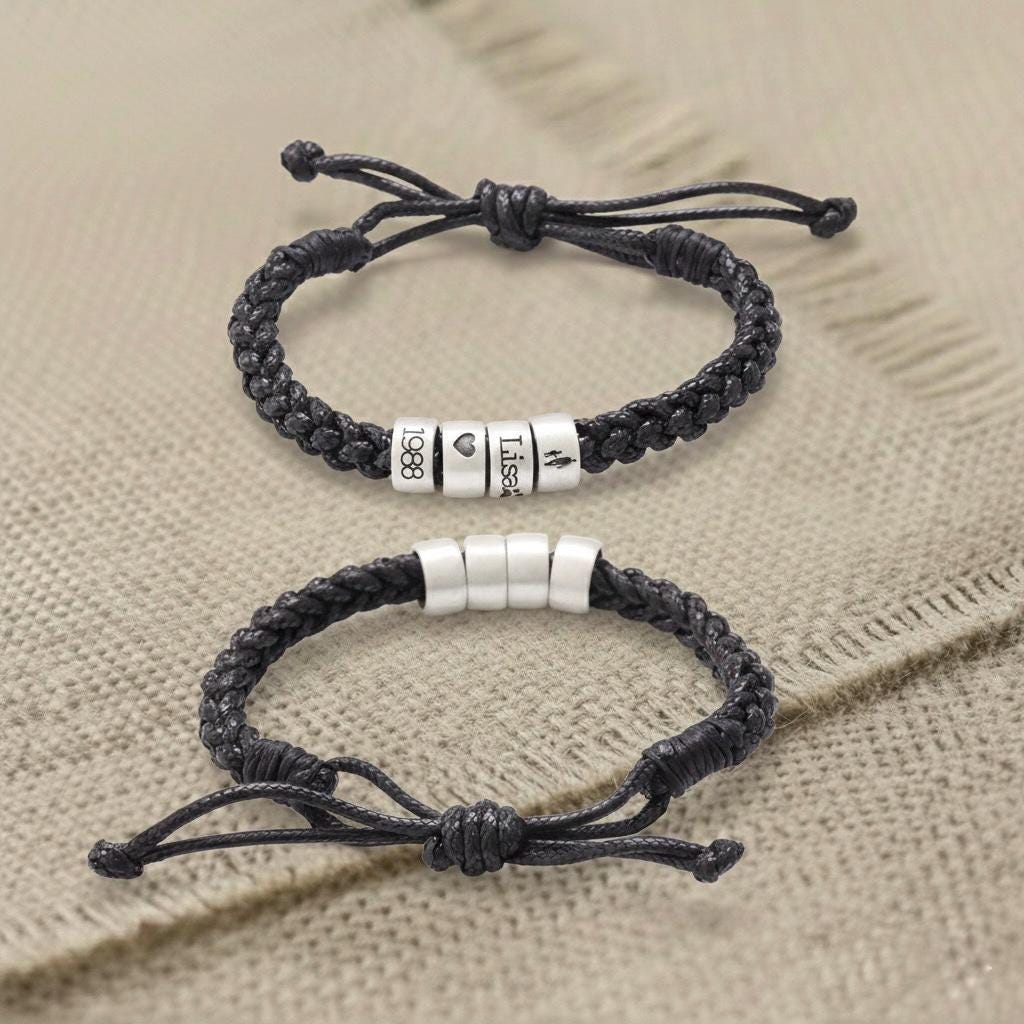 Personalized Mens Woven Leather Bracelet, Custom Couple Bracelet, Adjustable Bracelet, Christmas Father's Day Gift For Dad Boyfriend Husband