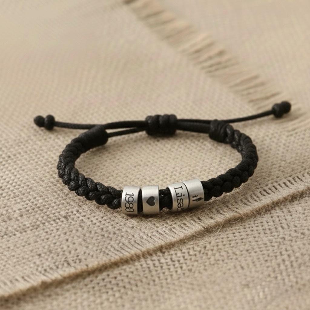 Personalized Mens Woven Leather Bracelet, Custom Couple Bracelet, Adjustable Bracelet, Christmas Father's Day Gift For Dad Boyfriend Husband