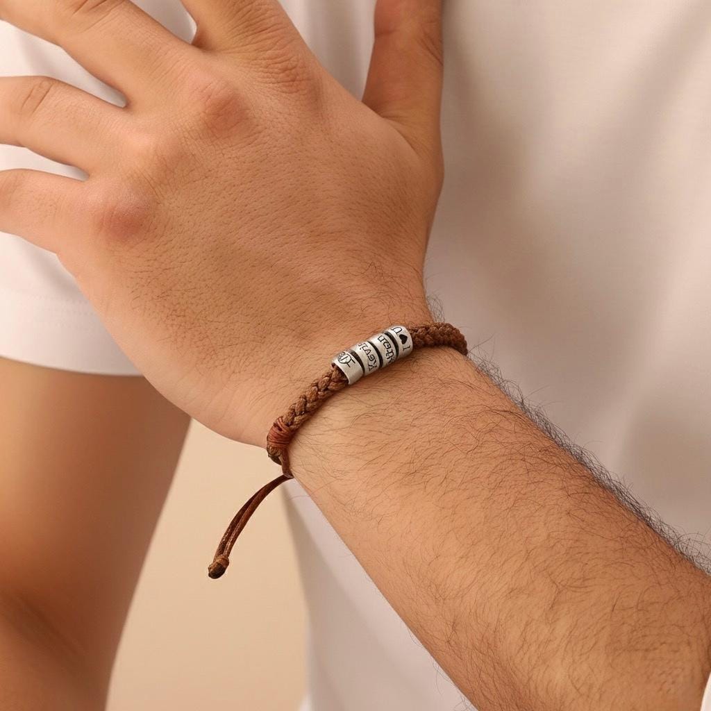 Personalized Mens Woven Leather Bracelet, Custom Couple Bracelet, Adjustable Bracelet, Christmas Father's Day Gift For Dad Boyfriend Husband