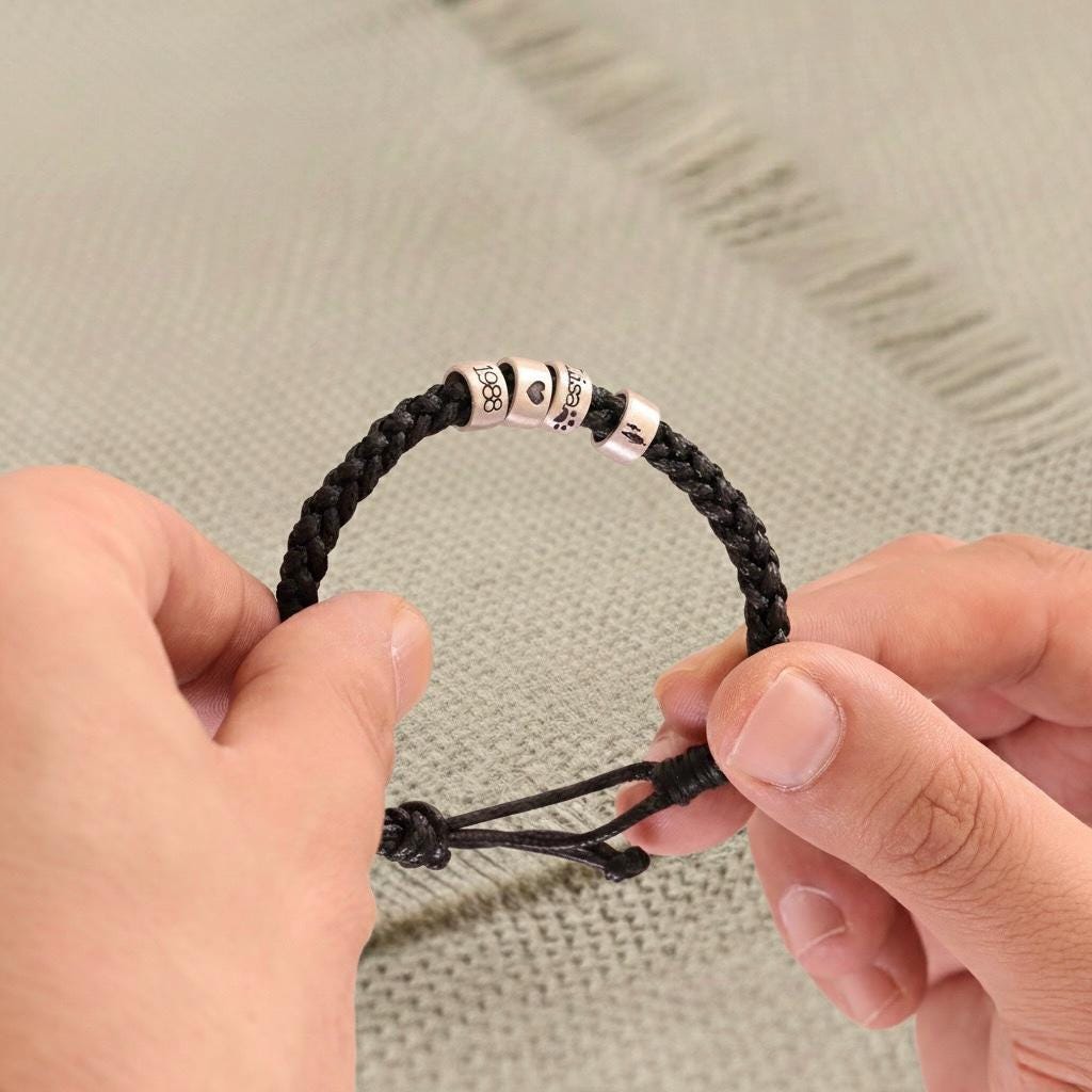 Personalized Mens Woven Leather Bracelet, Custom Couple Bracelet, Adjustable Bracelet, Christmas Father's Day Gift For Dad Boyfriend Husband