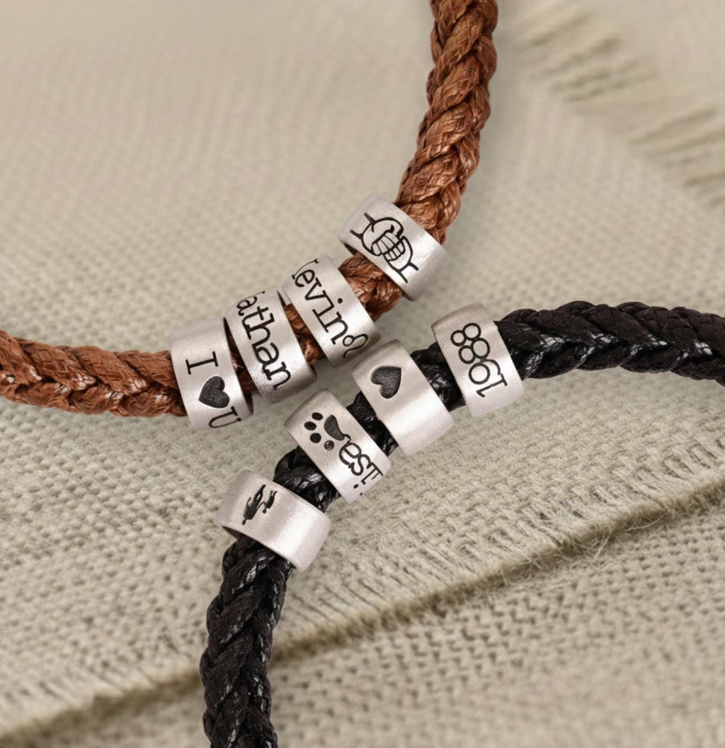 Personalized Mens Woven Leather Bracelet, Custom Couple Bracelet, Adjustable Bracelet, Christmas Father's Day Gift For Dad Boyfriend Husband