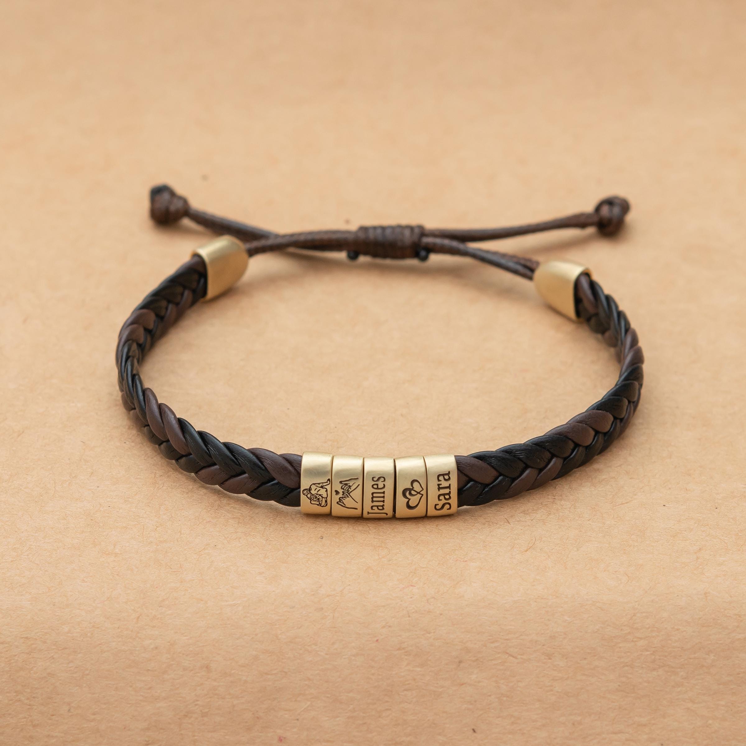 Personalized Mens Leather Adjustable  Bracelet, Custom Kid Name Silver Beads Jewelry, Couple Bracelet, Father's Day Gift For Son Dad Husband