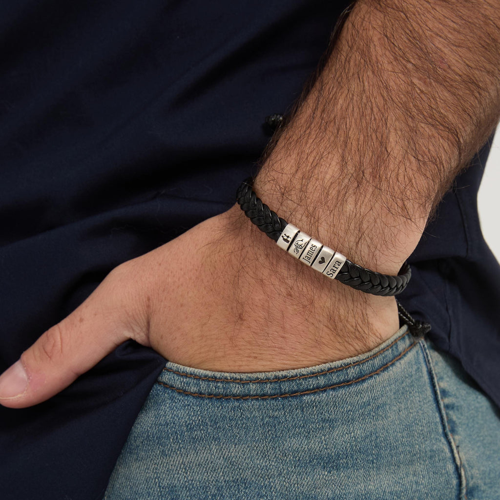 Personalized Mens Leather Adjustable  Bracelet, Custom Kid Name Silver Beads Jewelry, Couple Bracelet, Father's Day Gift For Son Dad Husband