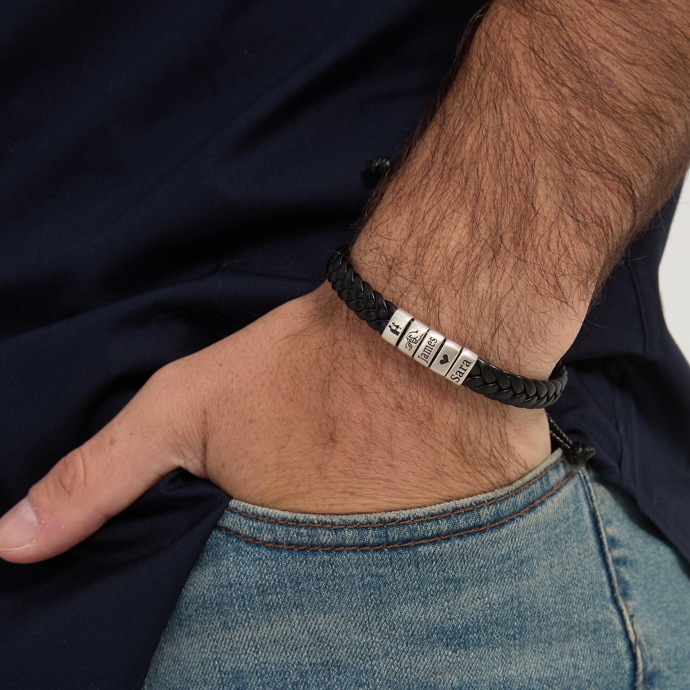 Personalized Mens Leather Adjustable  Bracelet, Custom Kid Name Silver Beads Jewelry, Couple Bracelet, Father's Day Gift For Son Dad Husband