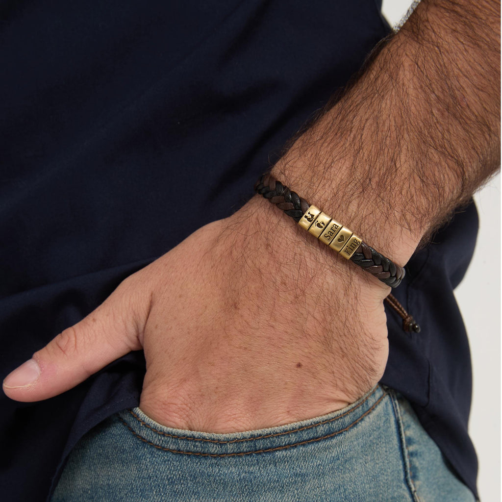 Personalized Mens Leather Adjustable  Bracelet, Custom Kid Name Silver Beads Jewelry, Couple Bracelet, Father's Day Gift For Son Dad Husband