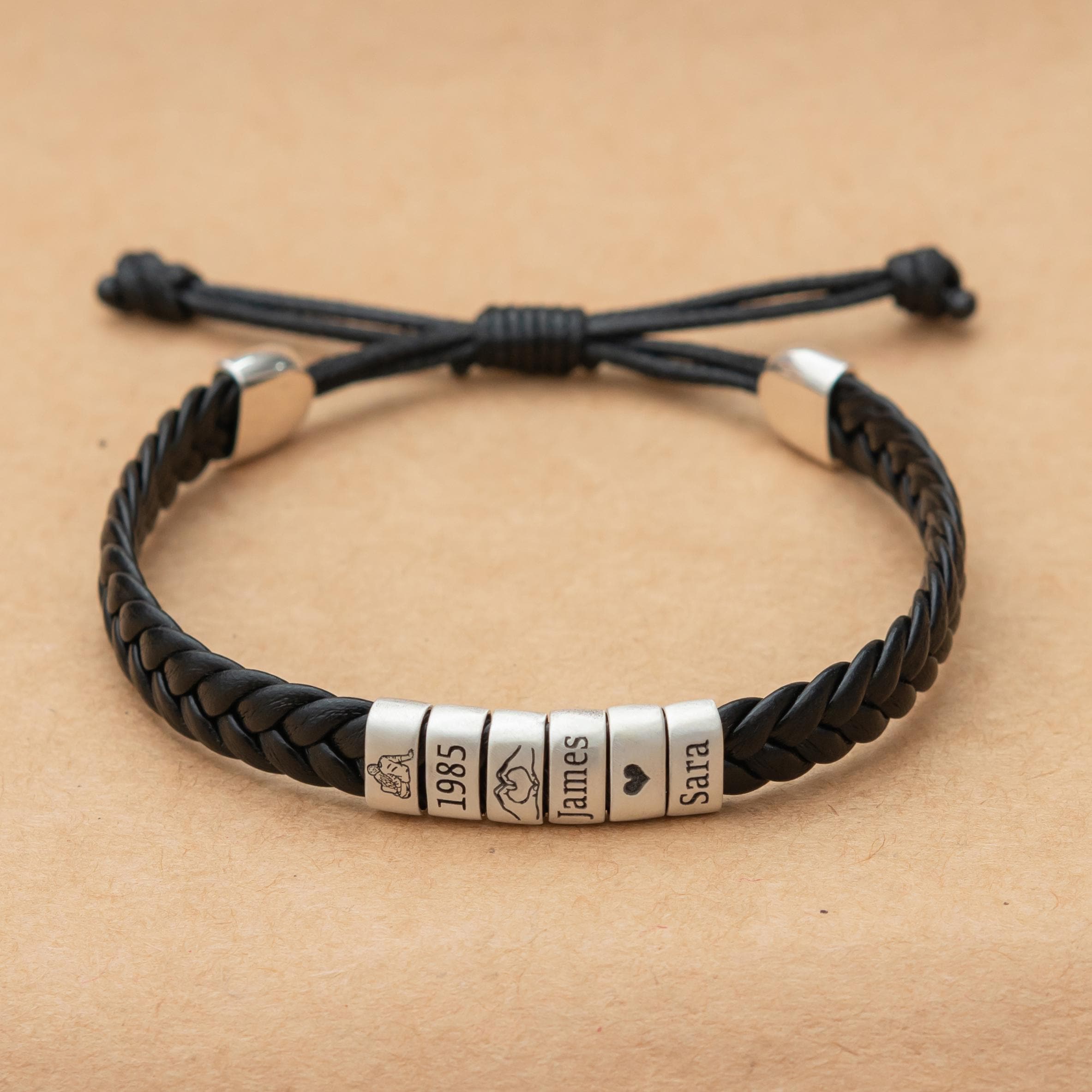 Personalized Mens Leather Bracelet, Adjustable Couple Bracelet, Engraved Kid Name Bead Bracelet, Custom Gift For Him, Dad, Boyfriend Husband